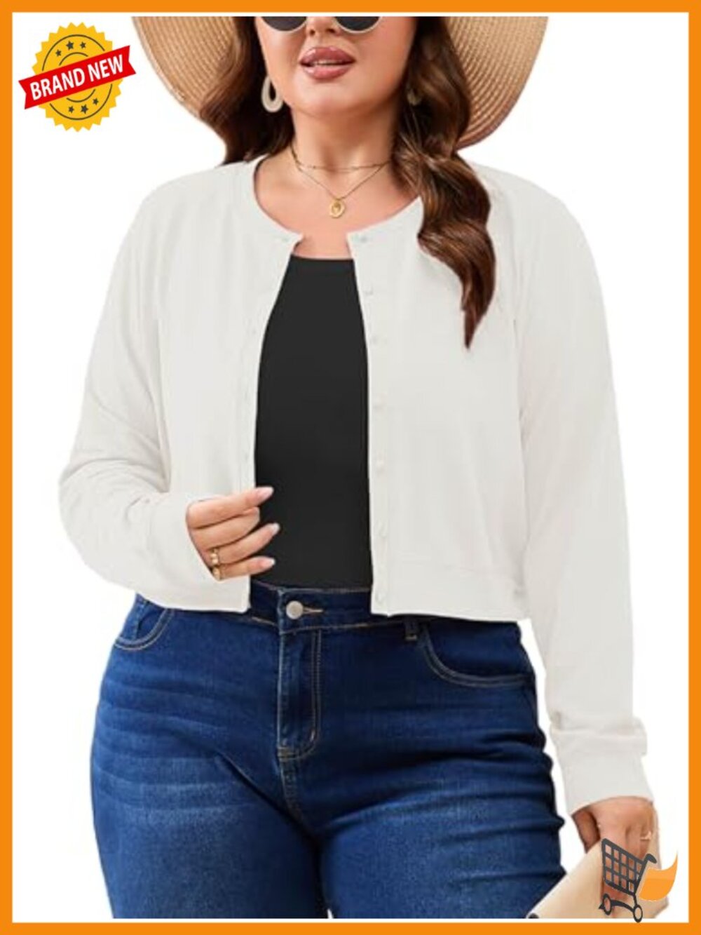 Plus Size Cropped Cardigan Button Front Knit Lightweight Crew Neck for Dresses